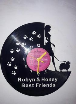 Lady Walking A Pomeranian dog Vinyl Record Clock